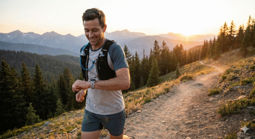 Corredor de trail mirando su reloj GPS para controlar las pulsaciones y entrenar la base aeróbica